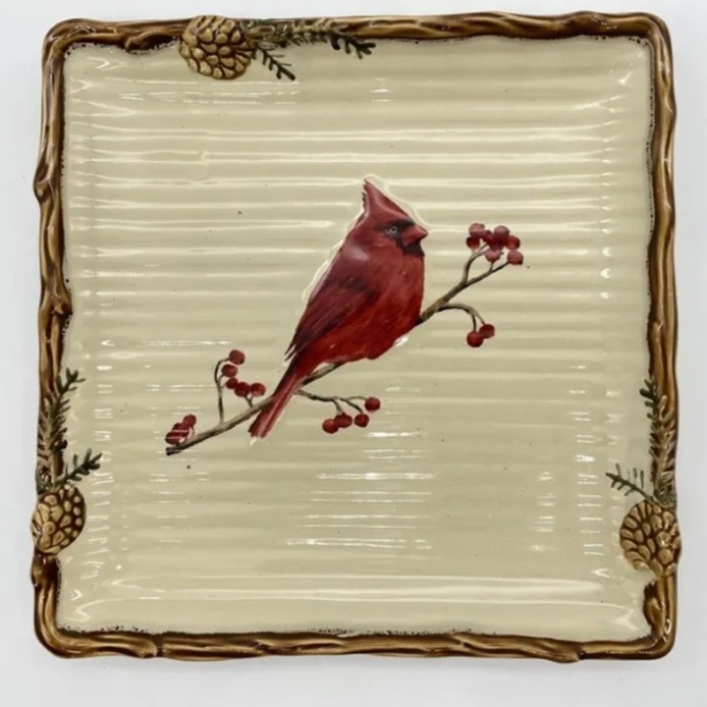 St Nicholas Square Snow Valley 8-3/4" Salad Plate Cardinal Pine Cone Bark T4
